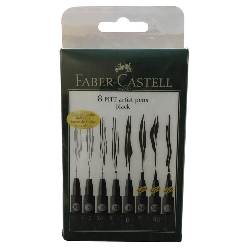 Faber Castell Artist Pens - Pack of   8 PITT - Black - P/C - 3038